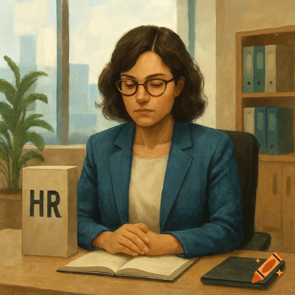 A woman in a blue blazer and glasses sits at an office desk with an HR box, looking at an open book, in a painterly style.
