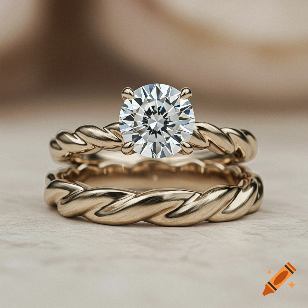 Close-up of a gold twisted band engagement ring with a large round diamond and a matching twisted wedding band.