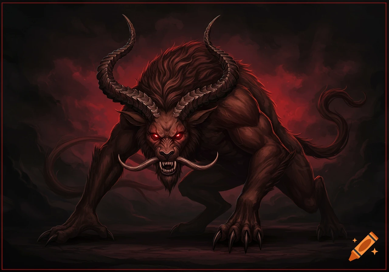 A dark fantasy beast with large, curved horns, glowing red eyes, and prominent tusks, crouching menacingly against a shadowy red background.