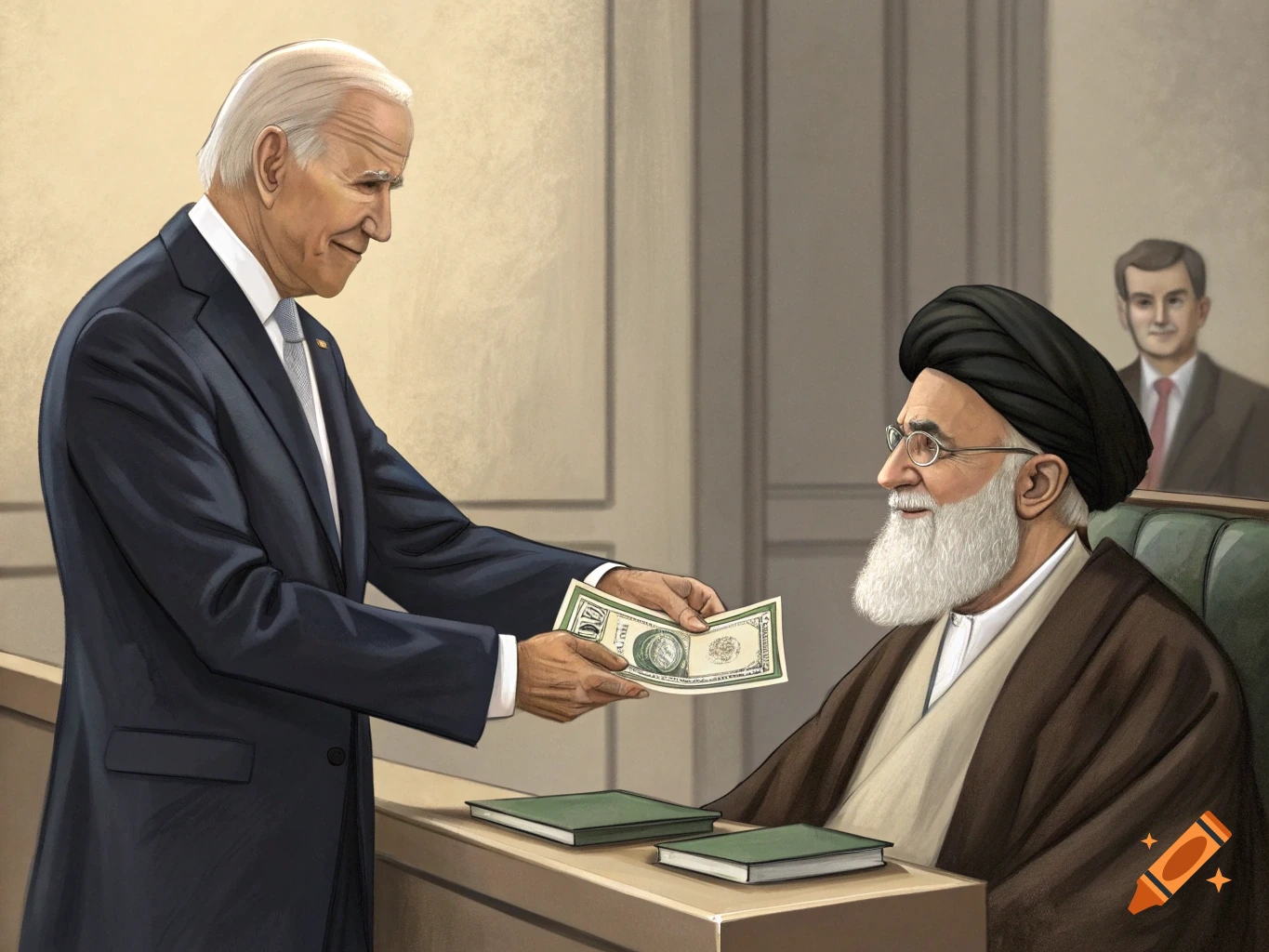 Illustration of Joe Biden handing cash to Ayatollah Khamenei in a meeting room.