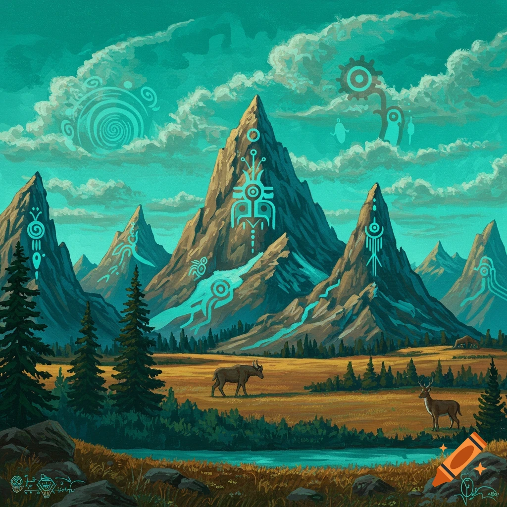 A stylized teal painting of mountains with glowing ancient symbols, a golden field, pine trees, a river, and wildlife.