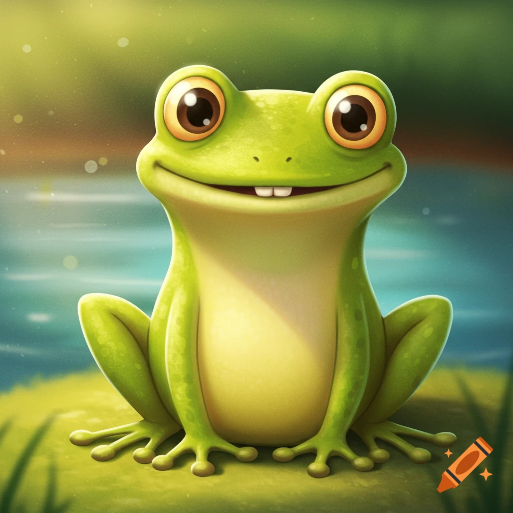 A cute green cartoon frog with large eyes and two teeth smiles while sitting on a lily pad by the water.