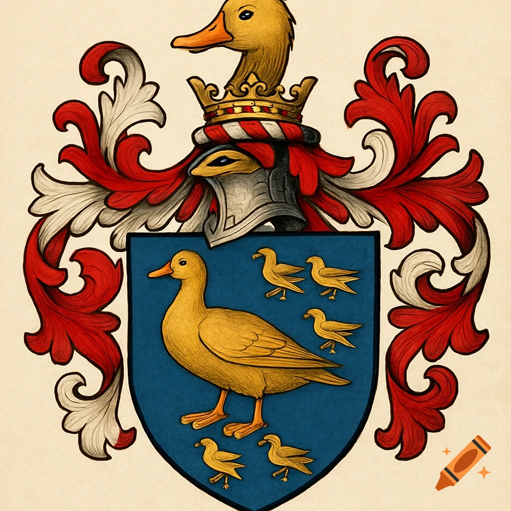 A colorful coat of arms featuring a large golden duck and smaller ducks on a blue shield, topped with a duck's head in a crown.
