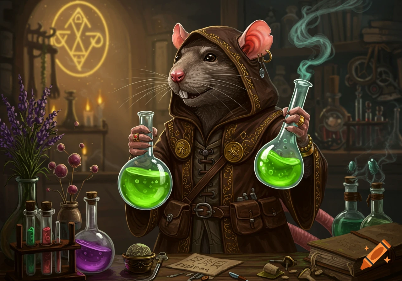 A rat alchemist in a hooded robe holds two beakers of glowing green liquid in a magical laboratory.