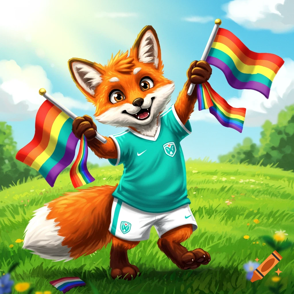 A cheerful cartoon fox in a teal soccer jersey holds two rainbow flags in a sunny grassy field.