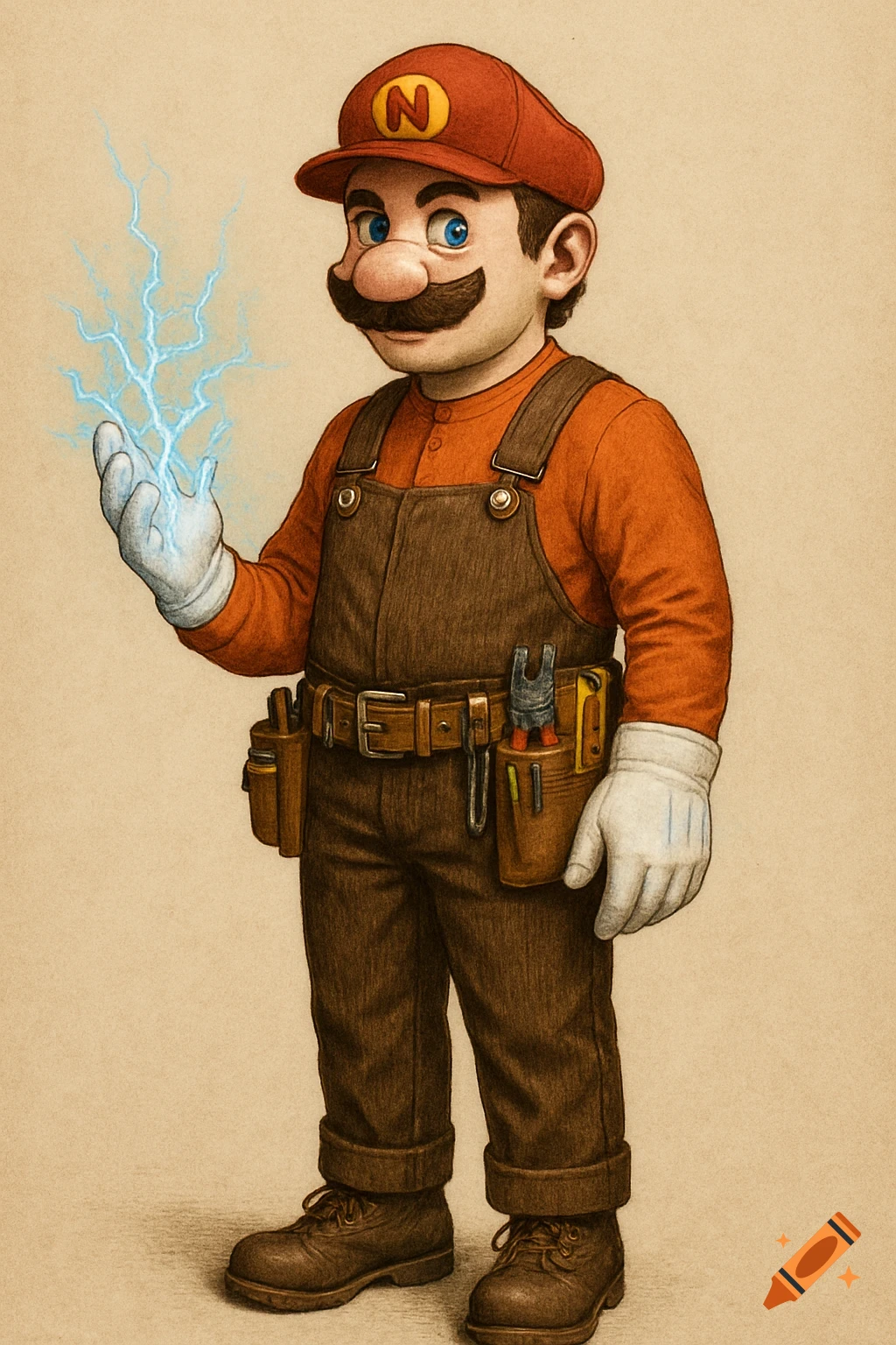 Detailed drawing of a Mario-like character in overalls and a red 'N' cap, holding blue lightning in a gloved hand.