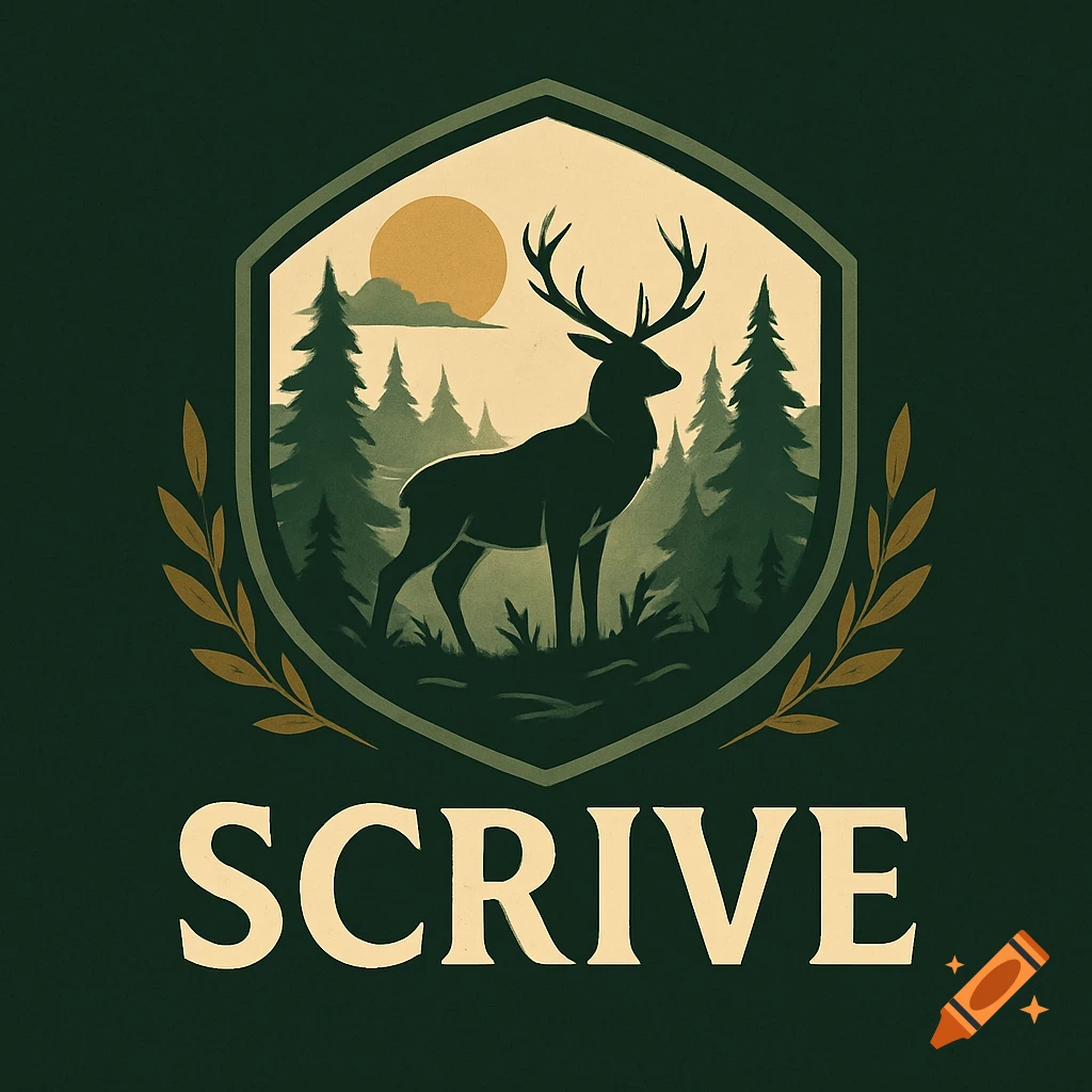 A vintage-style logo featuring a deer silhouette and pine trees within a hexagonal shield, with the word 'SCRIVE' below.