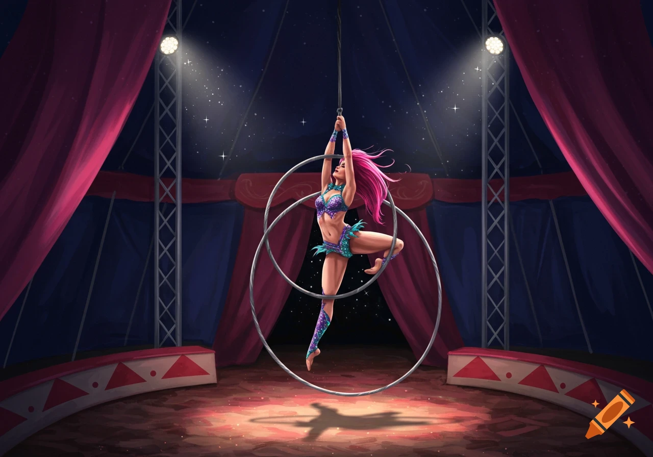Vibrant illustration of a female circus performer in a purple and teal costume hanging from an aerial hoop inside a big top tent at night.