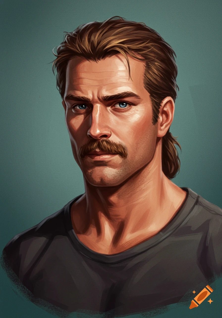 Digital painting of a man with a brown mullet, mustache, and blue eyes, wearing a dark t-shirt.
