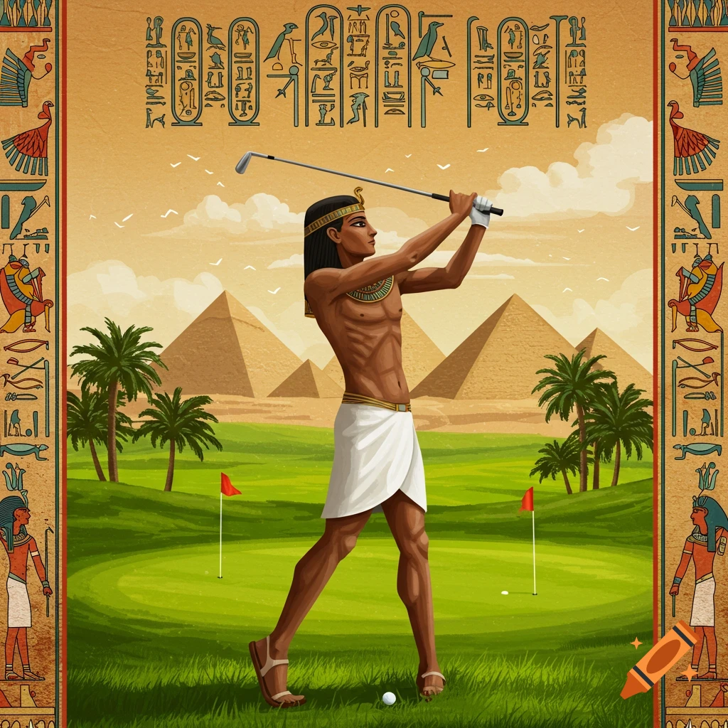 Illustration of an ancient Egyptian figure in traditional attire playing golf in a desert landscape with pyramids and palm trees.