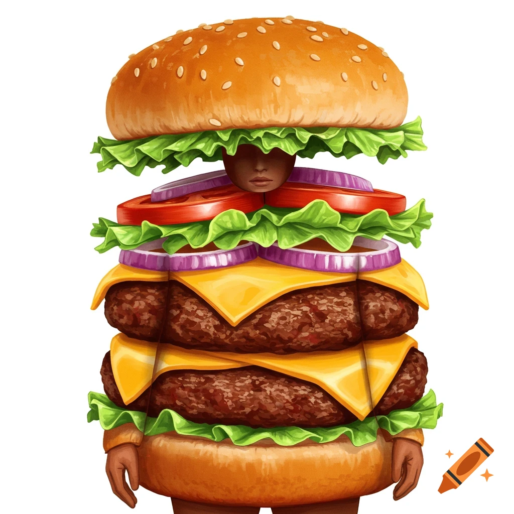 A person wears a detailed, cartoon-like burger costume with two patties, cheese, lettuce, tomato, onion, and a bun.