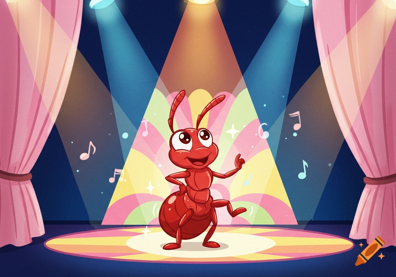 A happy red cartoon ant dances on a colorful stage under spotlights with musical notes.