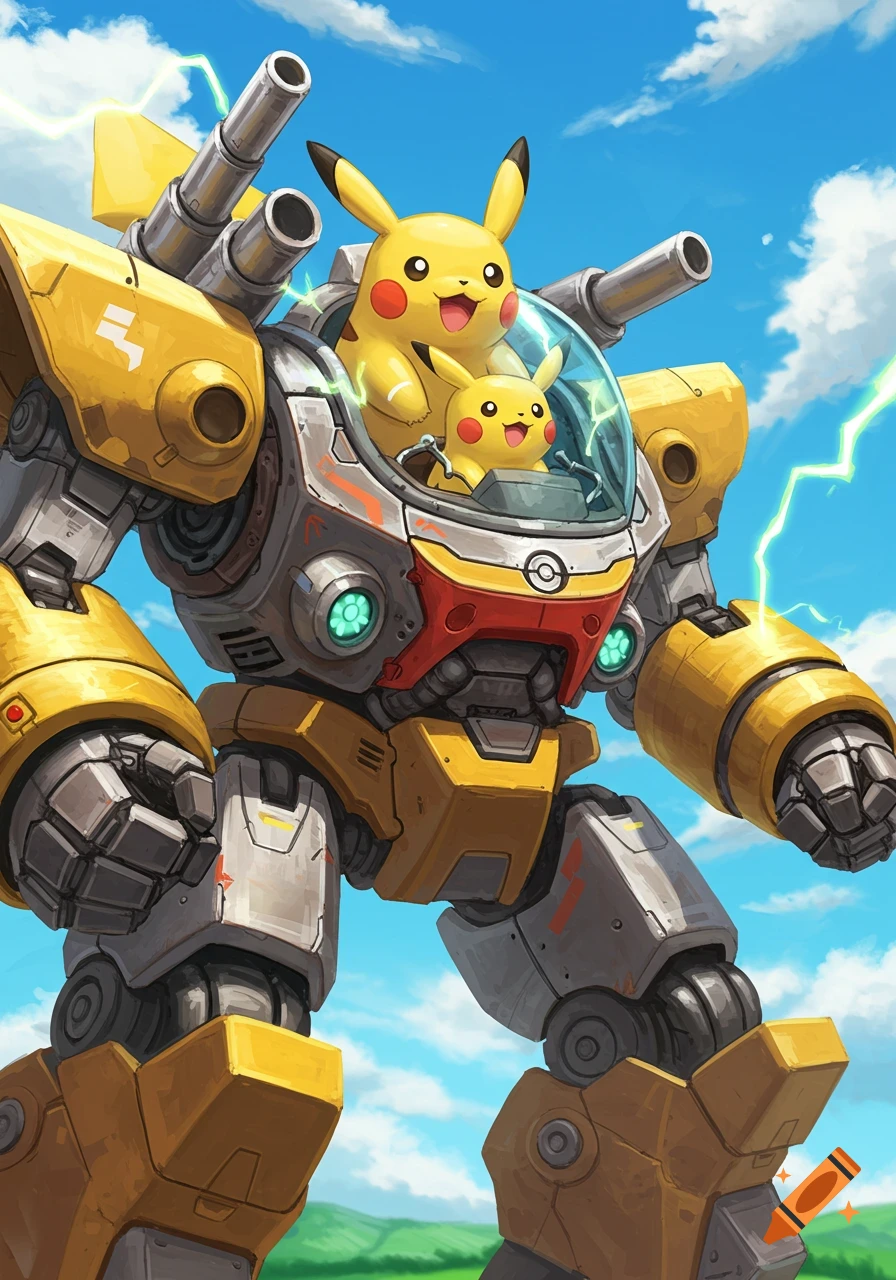 A large yellow and gray Pikachu mech suit with two Pikachu characters, one large and one small, sitting in the cockpit. The mech has shoulder cannons and is set against a blue sky with clouds and green lightning.