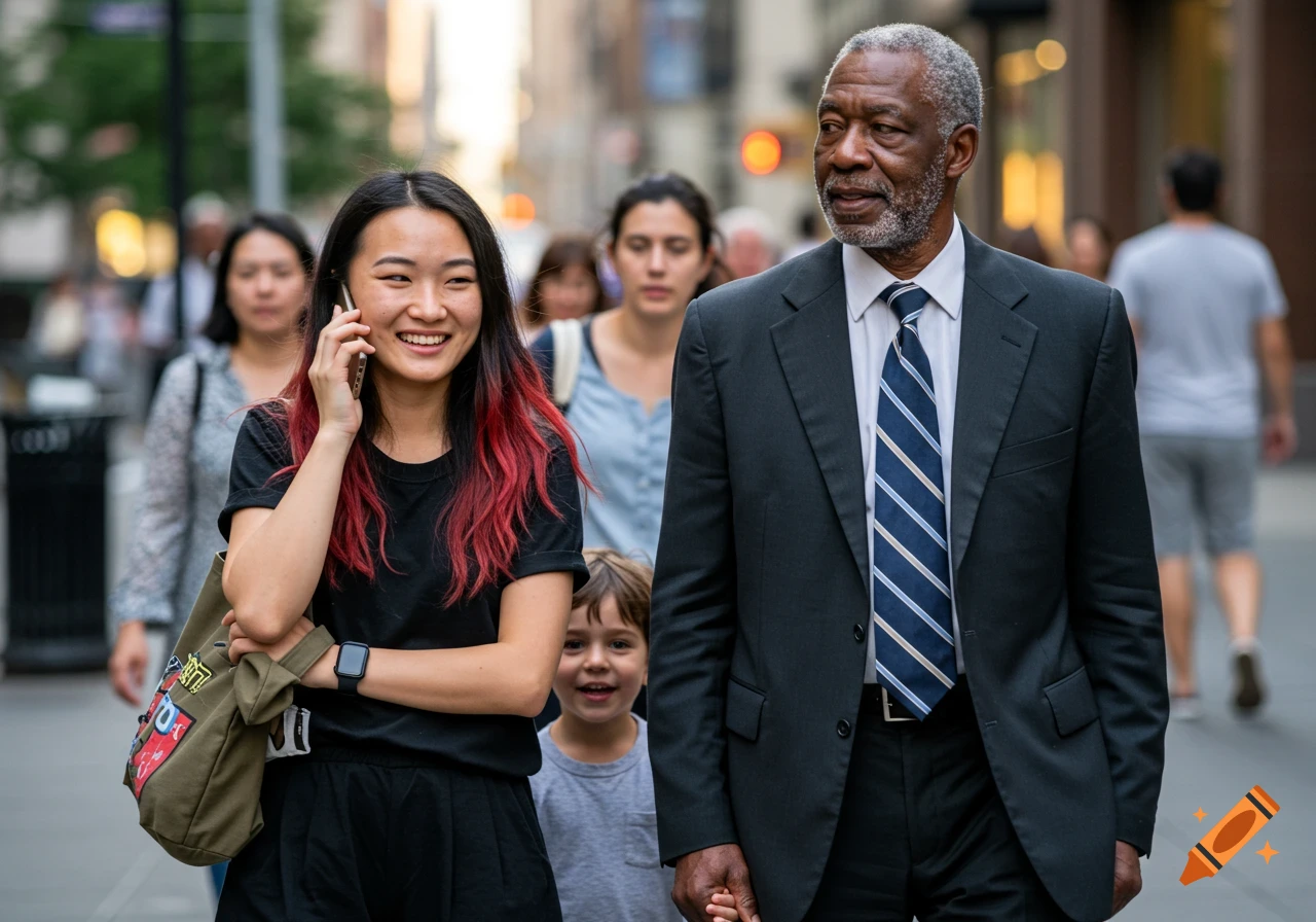 A young Asian woman talks on a phone next to an older Black man in a suit, walking on a busy city street.
