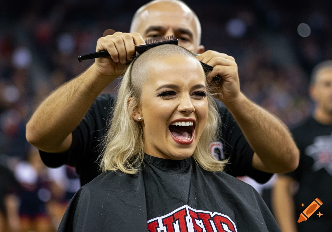 A blonde woman with a wide smile cheers as a man shaves her head with a comb, captured in a photorealistic style.
