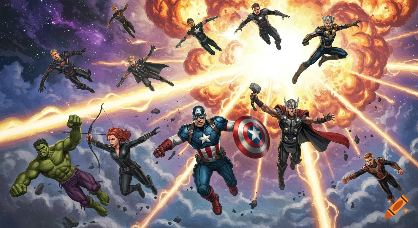 The Avengers leap into the sky as a cosmic energy beam explodes behind them in a vibrant comic book style.