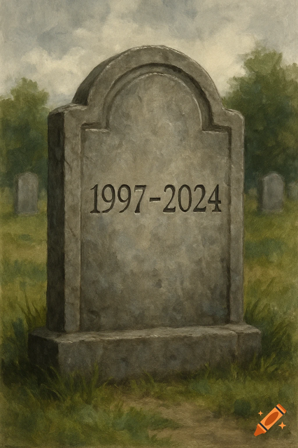 A painterly image of a grey gravestone in a grassy cemetery, marked with the dates '1997-2024'.