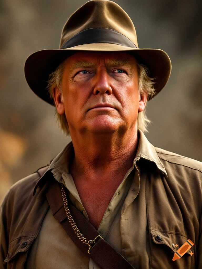 A man resembling Donald Trump dressed as Indiana Jones, wearing a fedora and a brown shirt, looking forward.