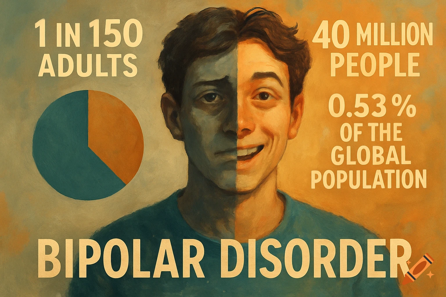 Illustrative painting of a split face depicting bipolar disorder, with one side sad and blue, the other happy and warm. Accompanying text provides statistics.