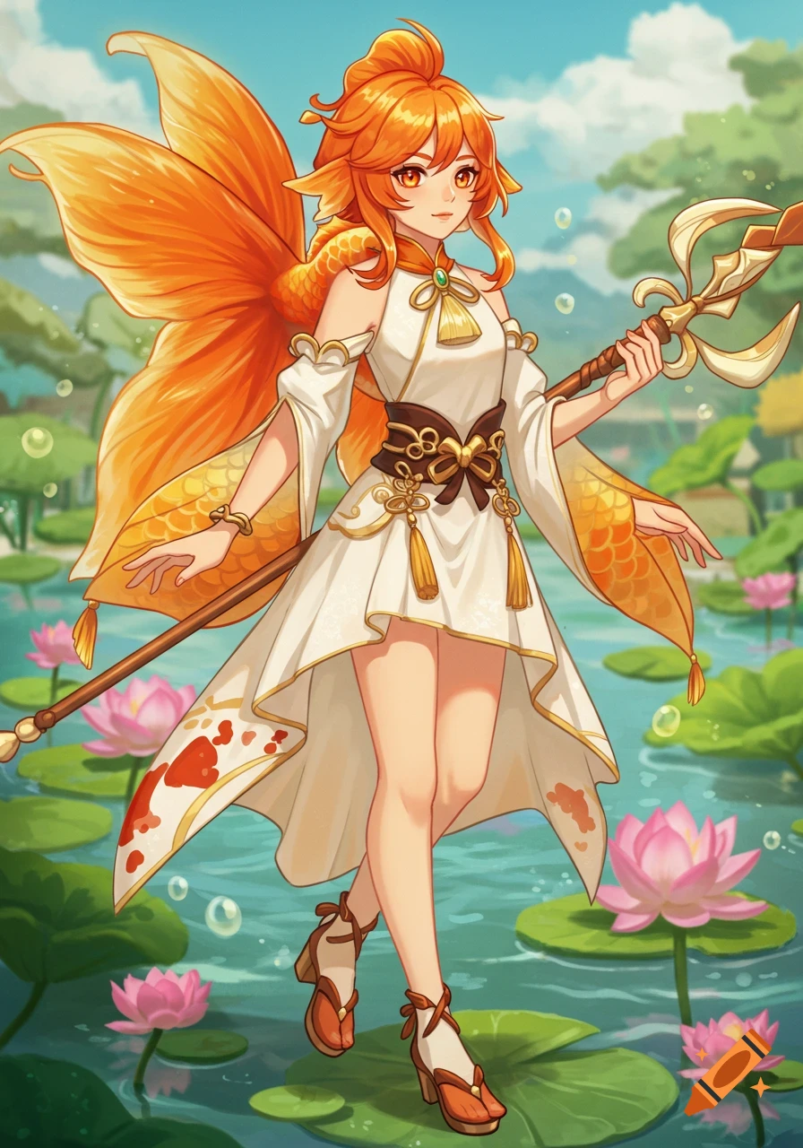 An anime female character with orange goldfish features and a white dress stands in a lily pad pond, holding a staff.