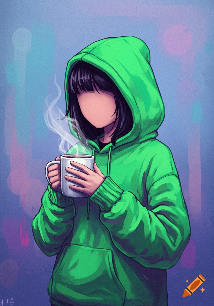 An anime-style illustration of a person in a green hoodie holding a steaming mug of coffee.