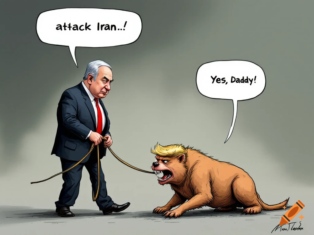 Political cartoon of Benjamin Netanyahu leading a rabid, dog-like Donald Trump on a leash, with speech bubbles.