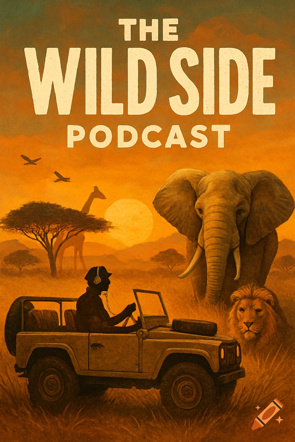 Illustrated safari poster for 'The Wild Side Podcast' with a person in a jeep, elephant, and lion at sunset.