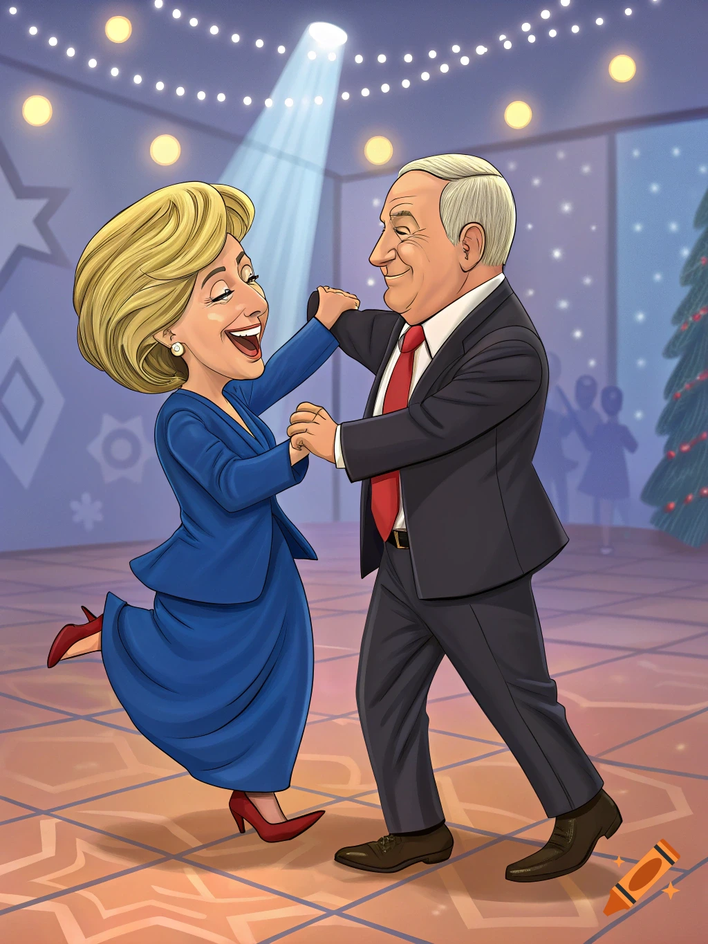 Cartoon caricatures of Hillary Clinton and Benjamin Netanyahu dancing on a festive ballroom floor with string lights and a Christmas tree.