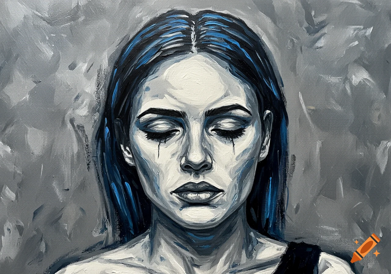 Acrylic painting of a woman with closed eyes and black tears, against a gray background.