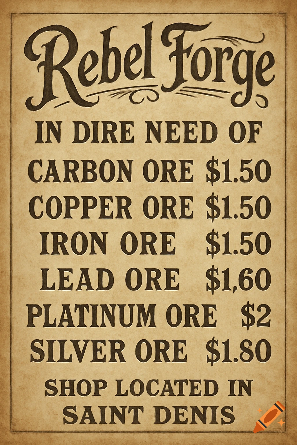 A vintage-style poster advertising Rebel Forge, listing prices for carbon, copper, iron, lead, platinum, and silver ores, located in Saint Denis.