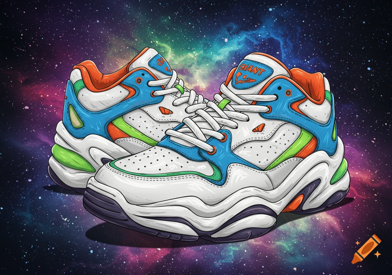 Colorful cartoon sneakers with white, blue, orange, and green accents float in a starry galaxy background.