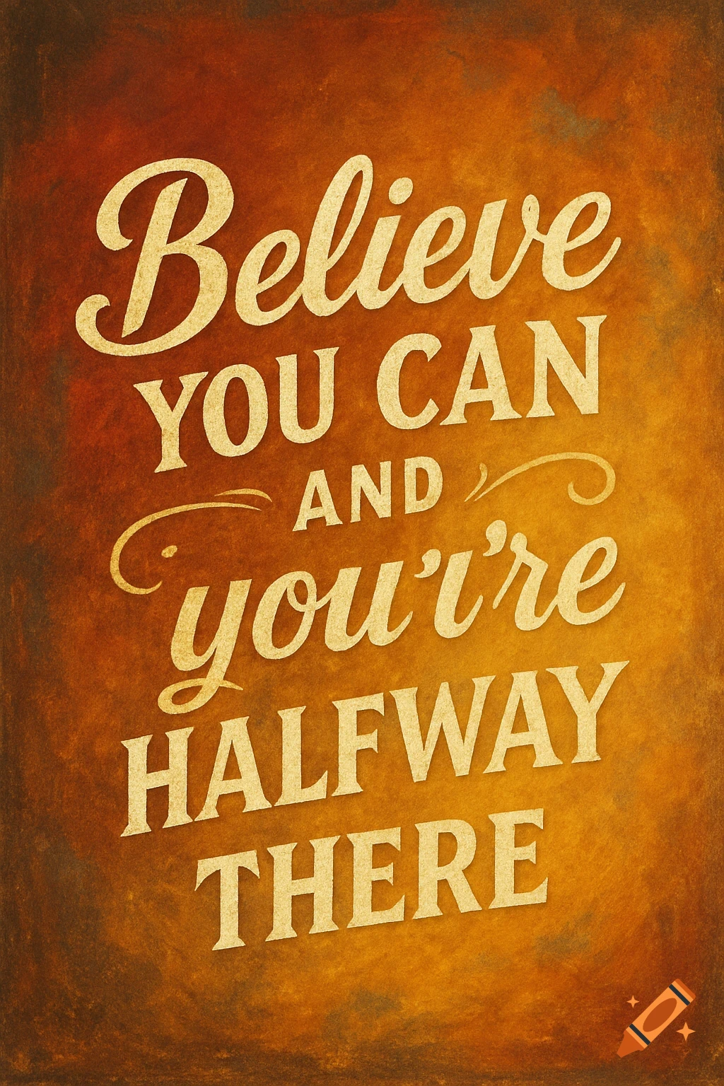 A vintage-style motivational poster with the quote 'Believe you can and you're halfway there' in gold text on a brown background.