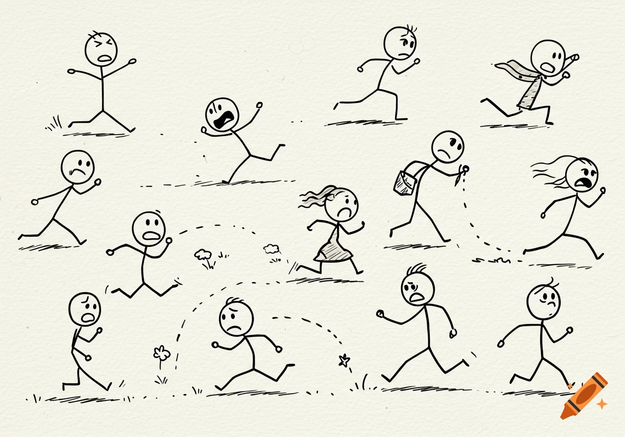 A drawing of multiple black stick figures, including men and women, running with expressions of fear or distress on a textured, light background.