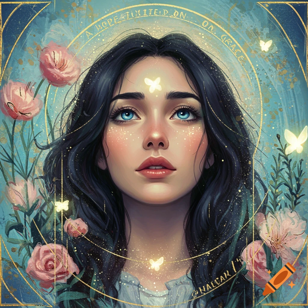 Stylized portrait of a woman with dark hair, blue eyes, and freckles, looking up amidst pink flowers, glowing butterflies, and golden lines on a teal background. Text "A Hope Fixed On Grace" in an arc above her head.