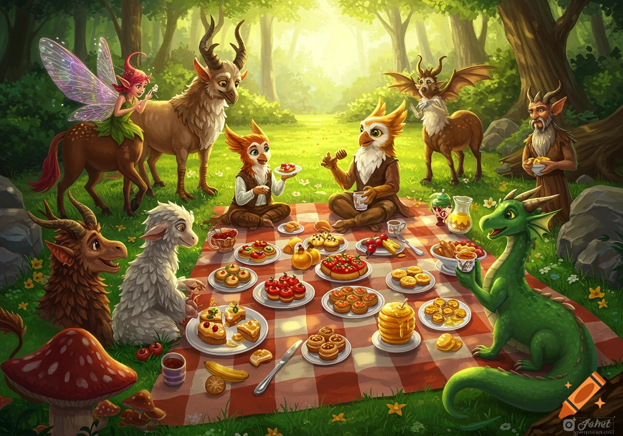 Colorful illustration of various mythological creatures enjoying a picnic with many dishes on a red checkered blanket in a sunny forest.