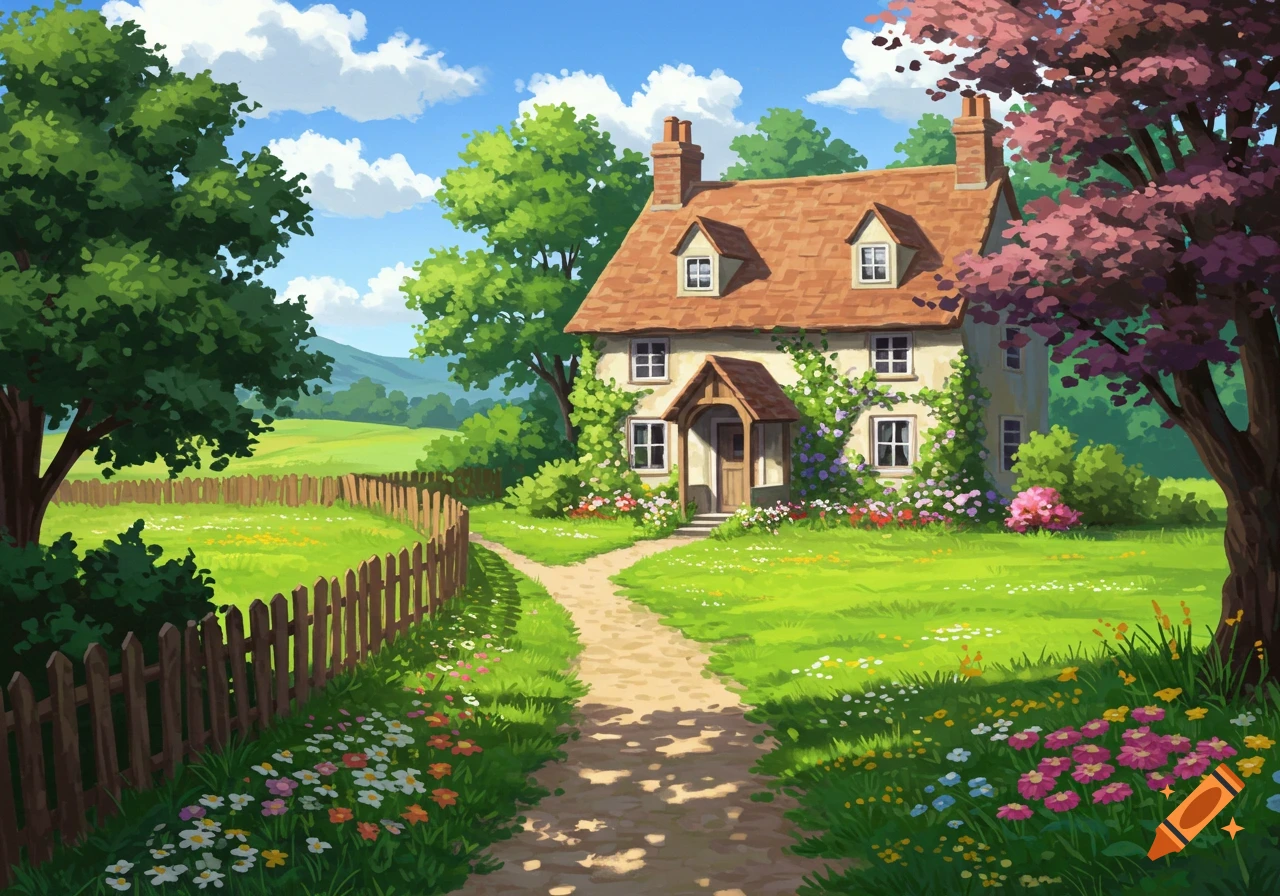 An idyllic cottage with a red roof, a winding path, and a wooden fence, surrounded by a vibrant green lawn and wildflowers under a bright blue sky, in an anime style.