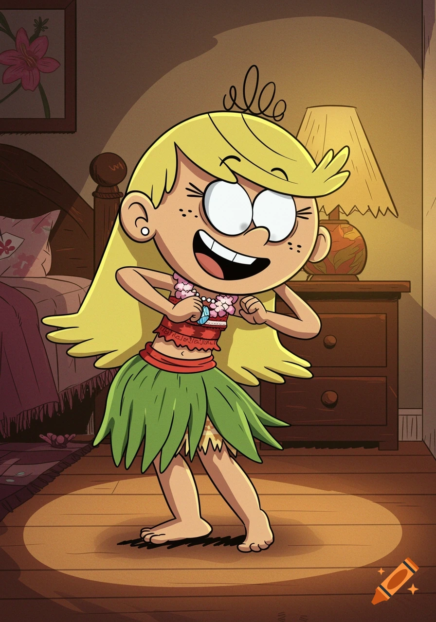 Lola Loud from The Loud House cartoon dancing in a hula costume in a dimly lit bedroom.