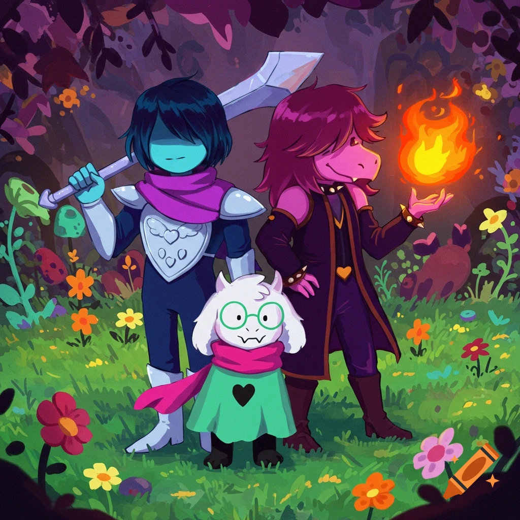 Digital illustration of Kris, Susie, and Ralsei from Deltarune in a colorful, flowery forest.