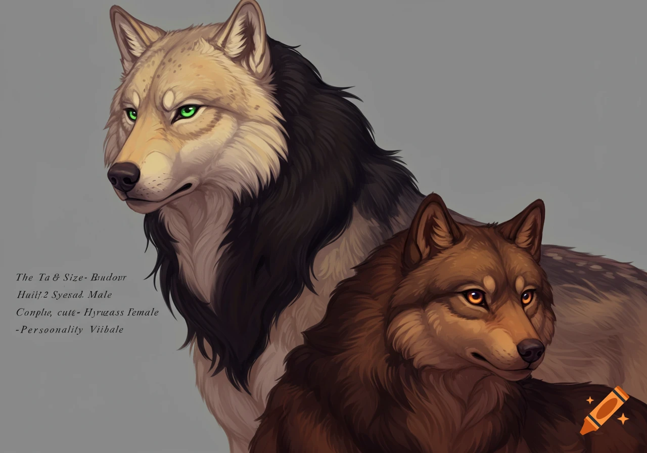 A stylized illustration of two wolves, one larger with pale fur and ...