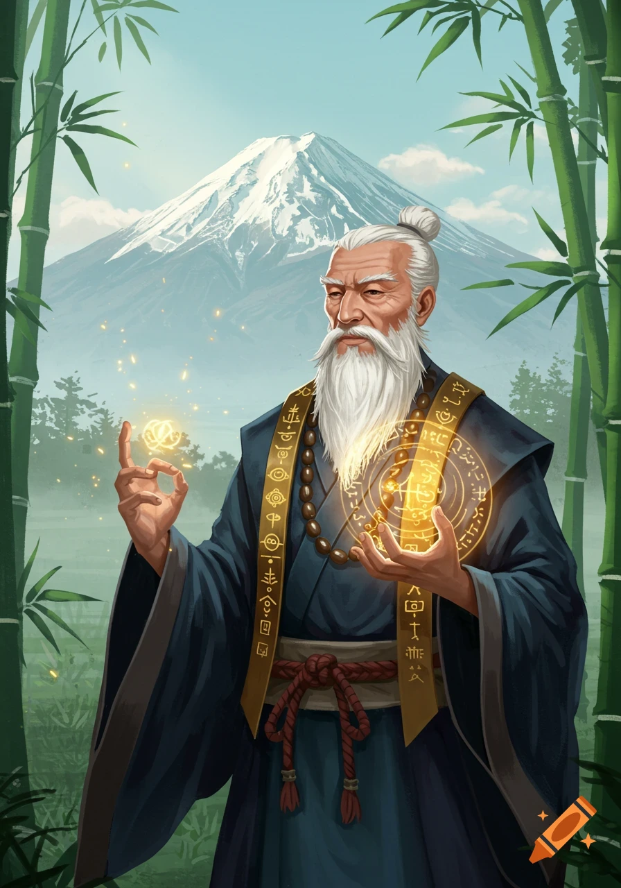 An ancient Asian wizard with a white beard and top knot, dressed in a blue robe, holds a glowing orb of magic in front of Mount Fuji.
