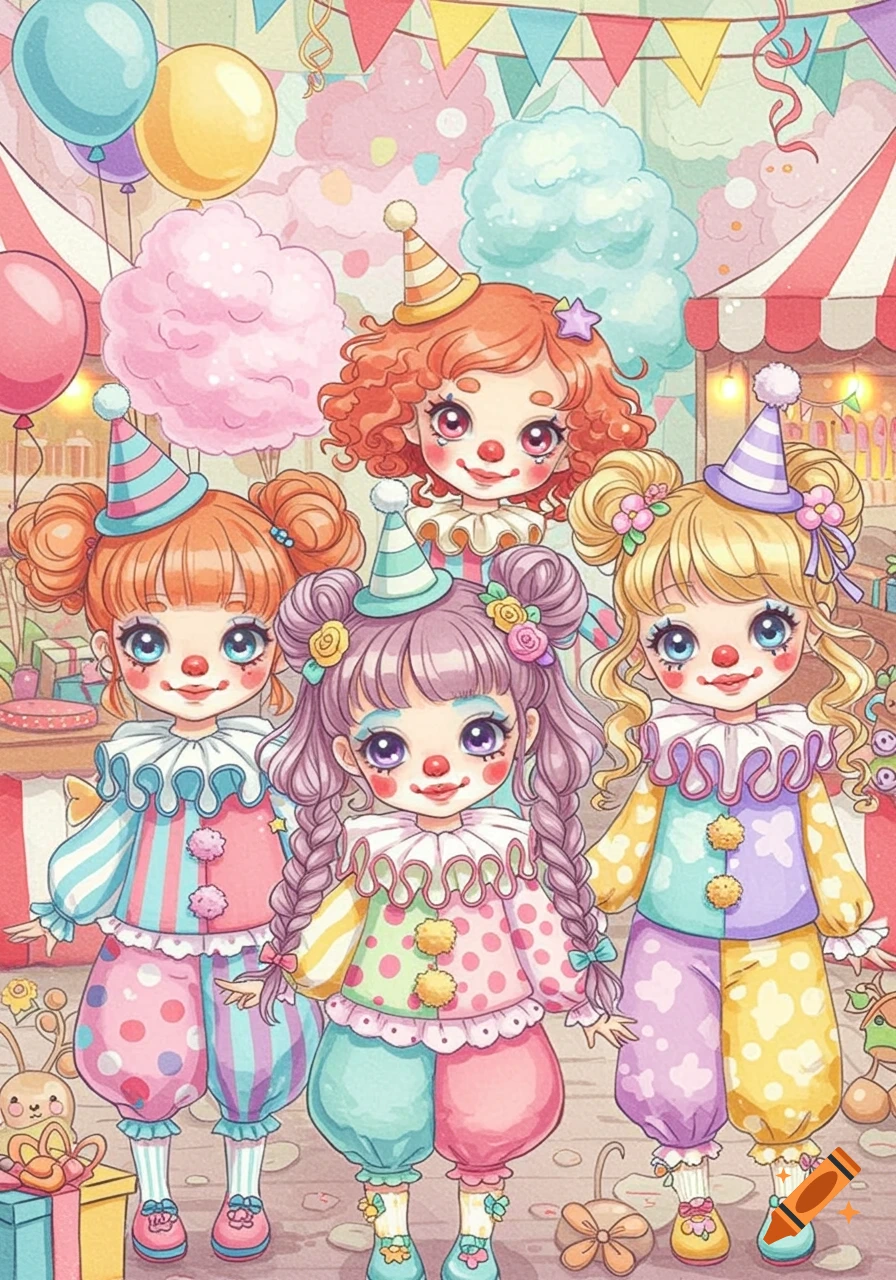 Four kawaii clown girls in colorful costumes and party hats at a cheerful carnival scene with balloons and cotton candy in an anime style.