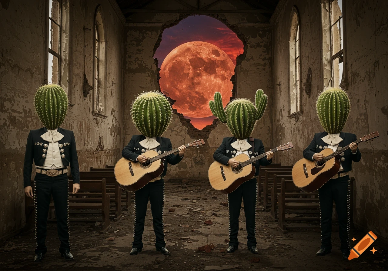Four mariachi band members with cactus heads stand in a ruined church, playing guitars. A large red moon is visible through a hole in the wall.