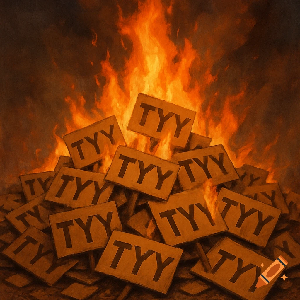 Tyy Letters A large bonfire illuminates a pile of burning cardboard signs, each ...