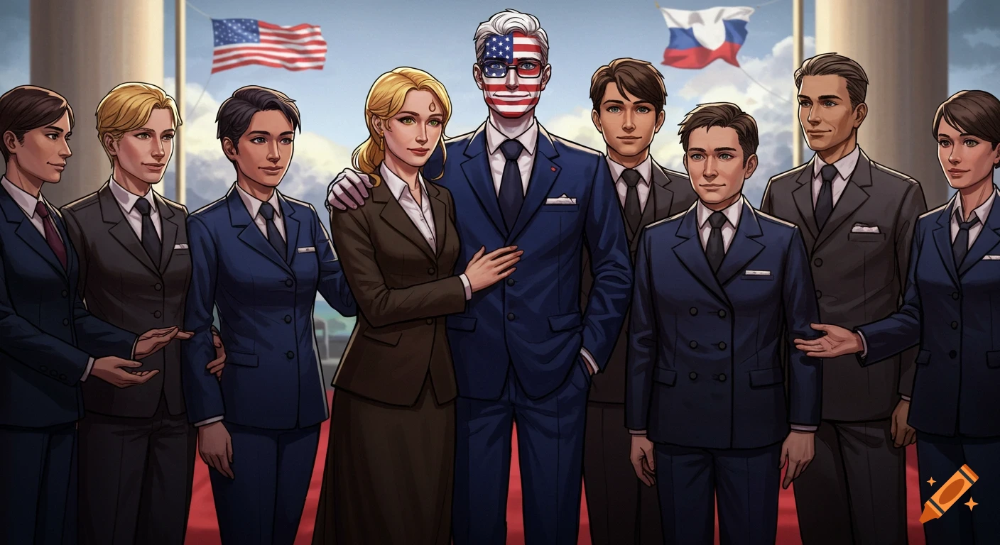 A group of diverse individuals in formal attire, with a central figure having an American flag painted on their face, standing with American and Russian flags in the background, in an anime-like art style.
