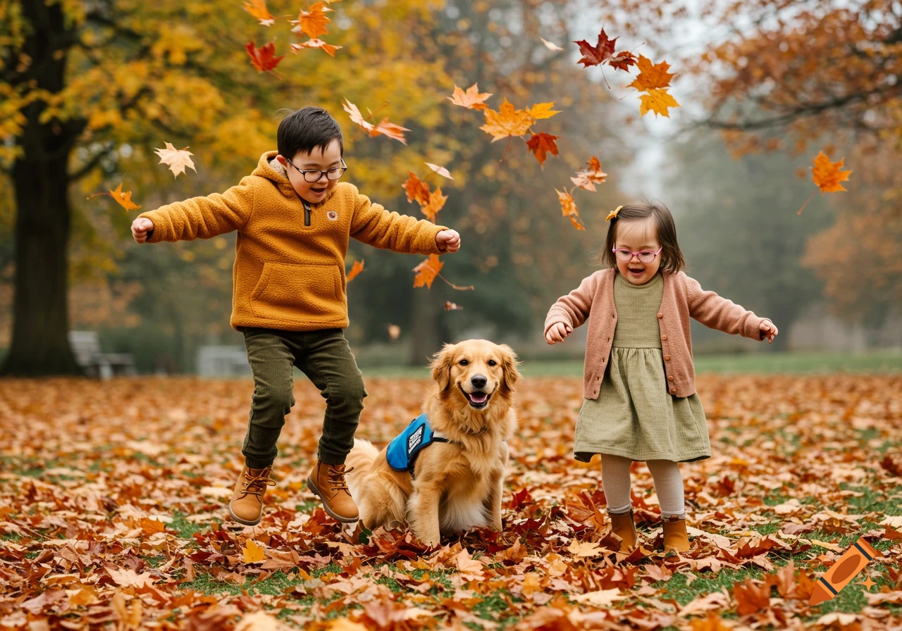 Two children and a golden retriever joyfully play among falling autumn leaves in a park.