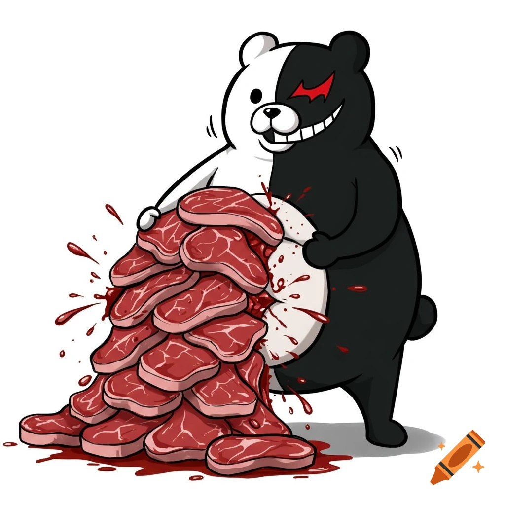 Monokuma from Danganronpa with a pile of raw steaks and blood spilling from its stomach in a cartoon style.