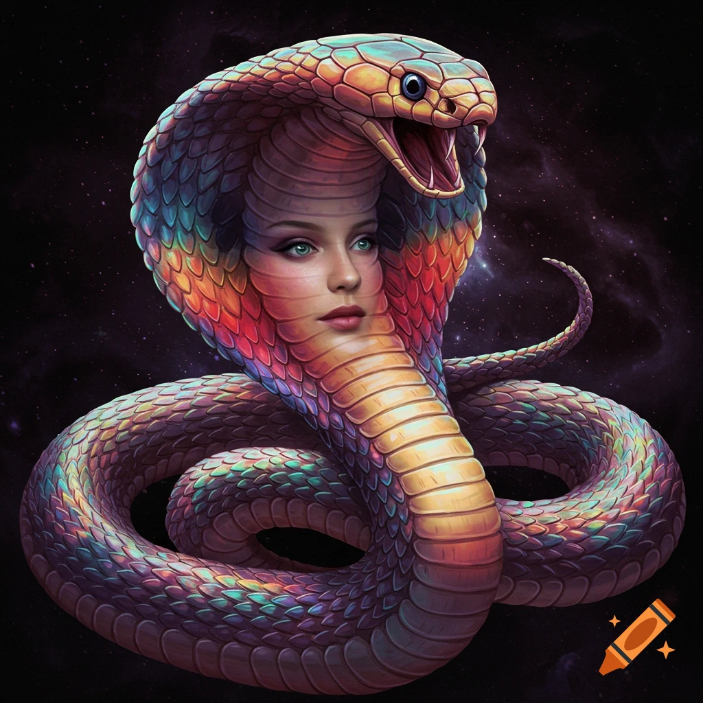 A vibrant, rainbow-colored cobra with a serene human face embedded in its chest, against a dark, starry background, in a digital art style.