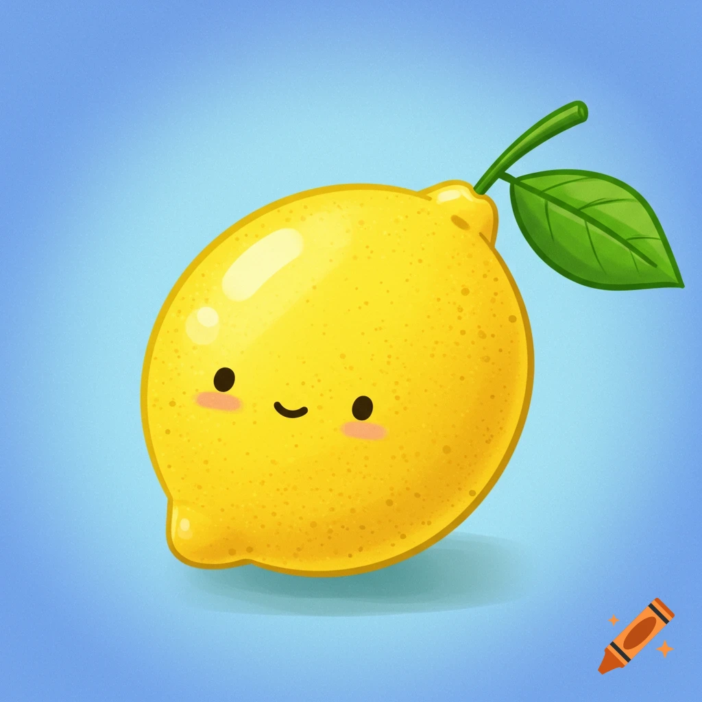 A cute cartoon lemon with a happy face and rosy cheeks, a green stem, and a leaf on a light blue background.