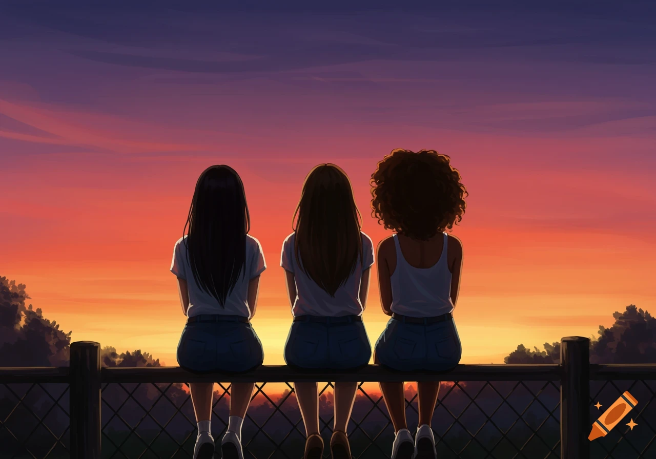 Three anime-style girls sit on a fence, their backs to the viewer, watching a vibrant orange and purple sunset over distant trees.