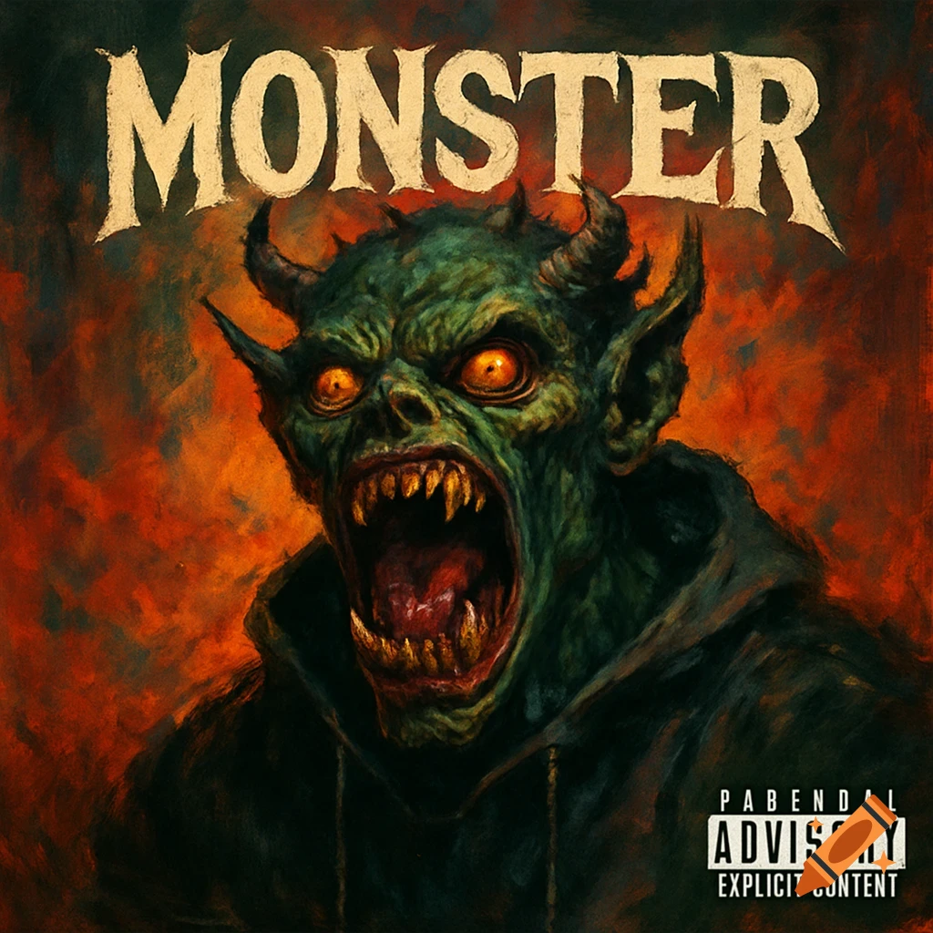 A stylized green monster with horns, sharp teeth, and glowing orange eyes roars, wearing a dark hoodie, against a fiery red and orange background. Text reads "MONSTER" at the top and a "PABENDAL ADVISORY" label at the bottom right.